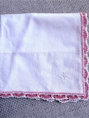Vintage - White Linen Handkerchief with Pink Crochet Edge